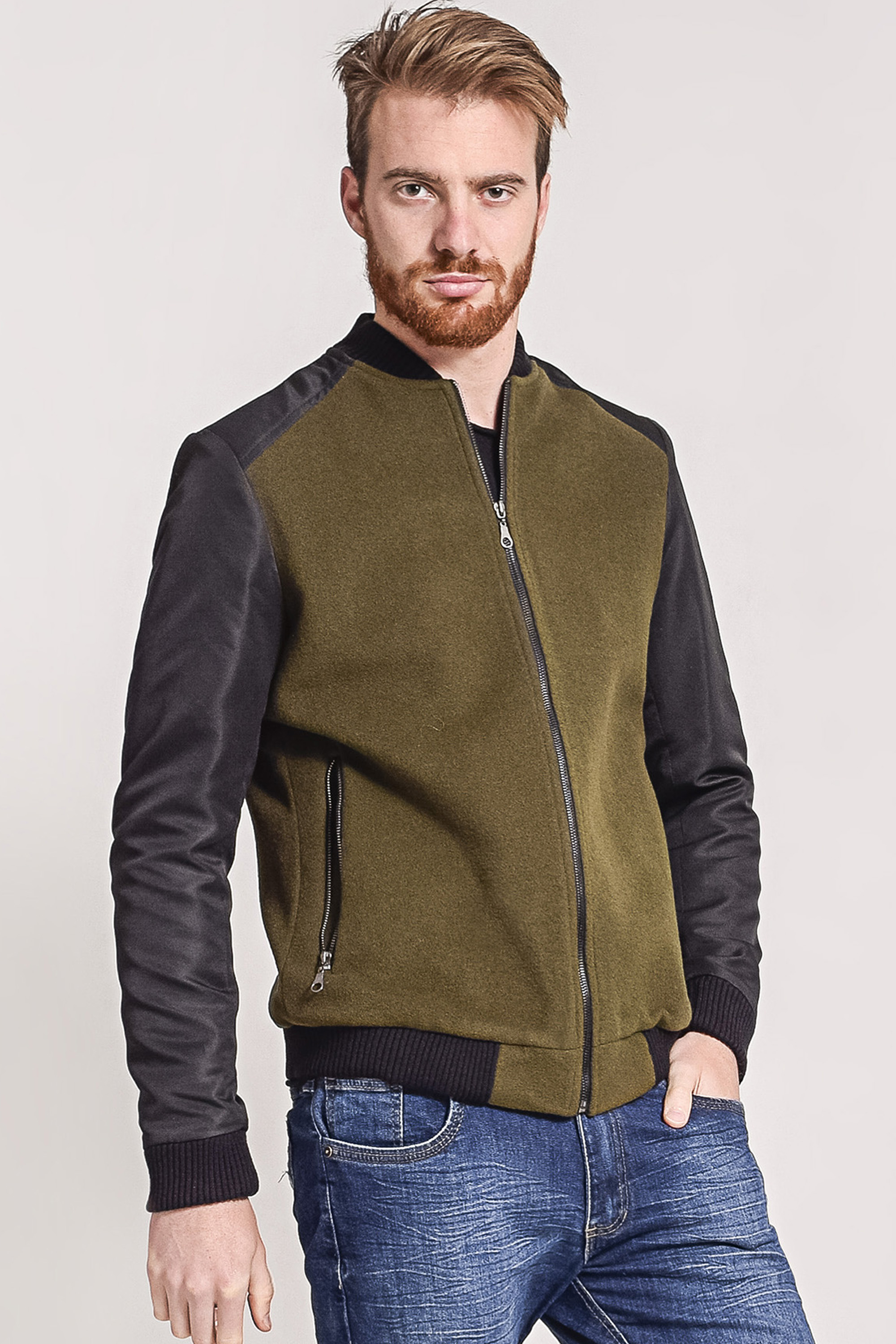 Jaqueta masculina em lã mangas em nylon verde