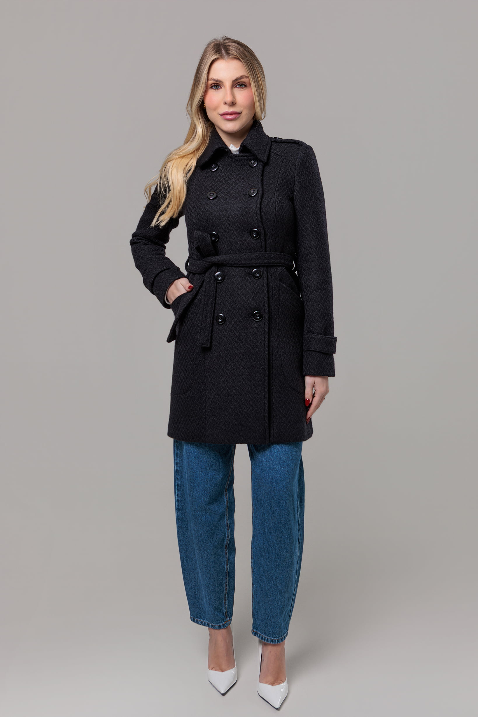 Casaco feminino de inverno preto lã trançada - Belfast