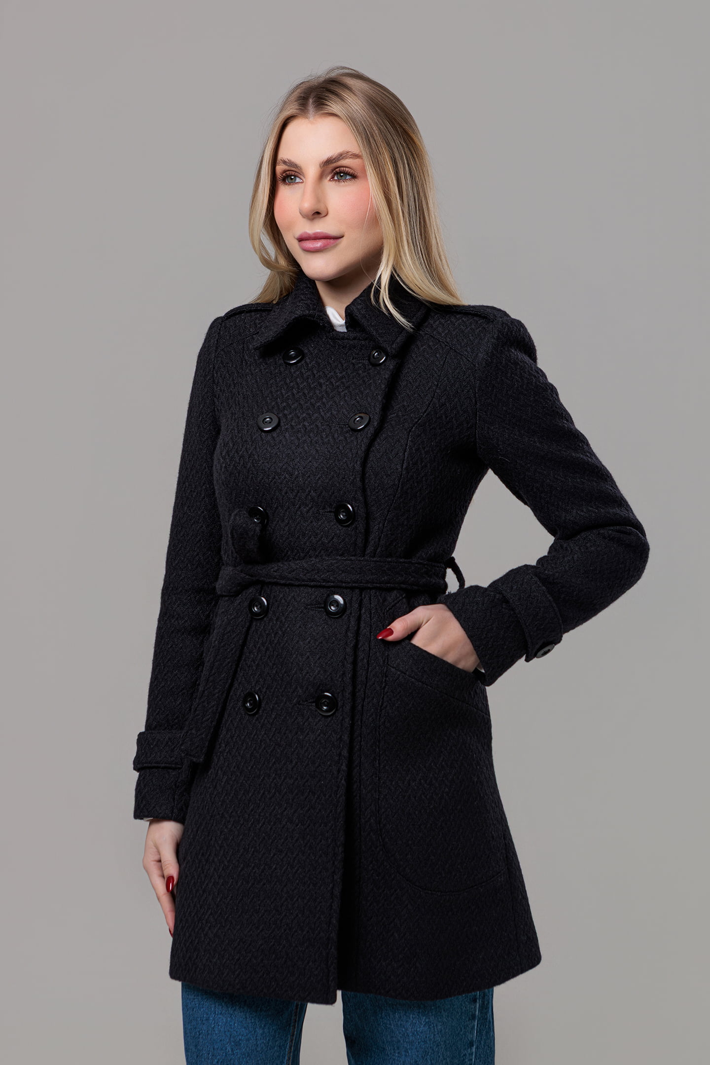 Casaco feminino de inverno preto lã trançada - Belfast