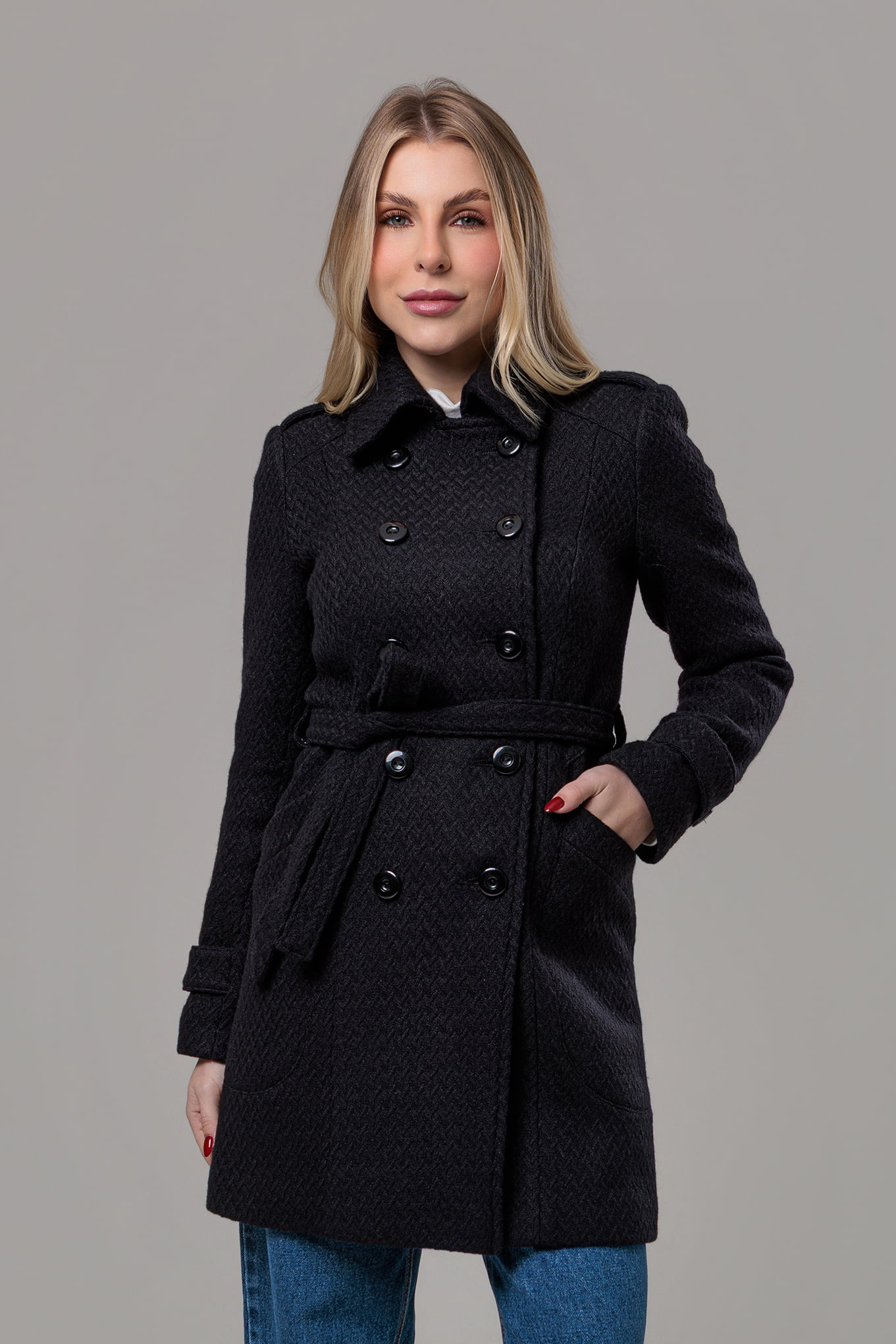 Casaco feminino de inverno preto lã trançada - Belfast