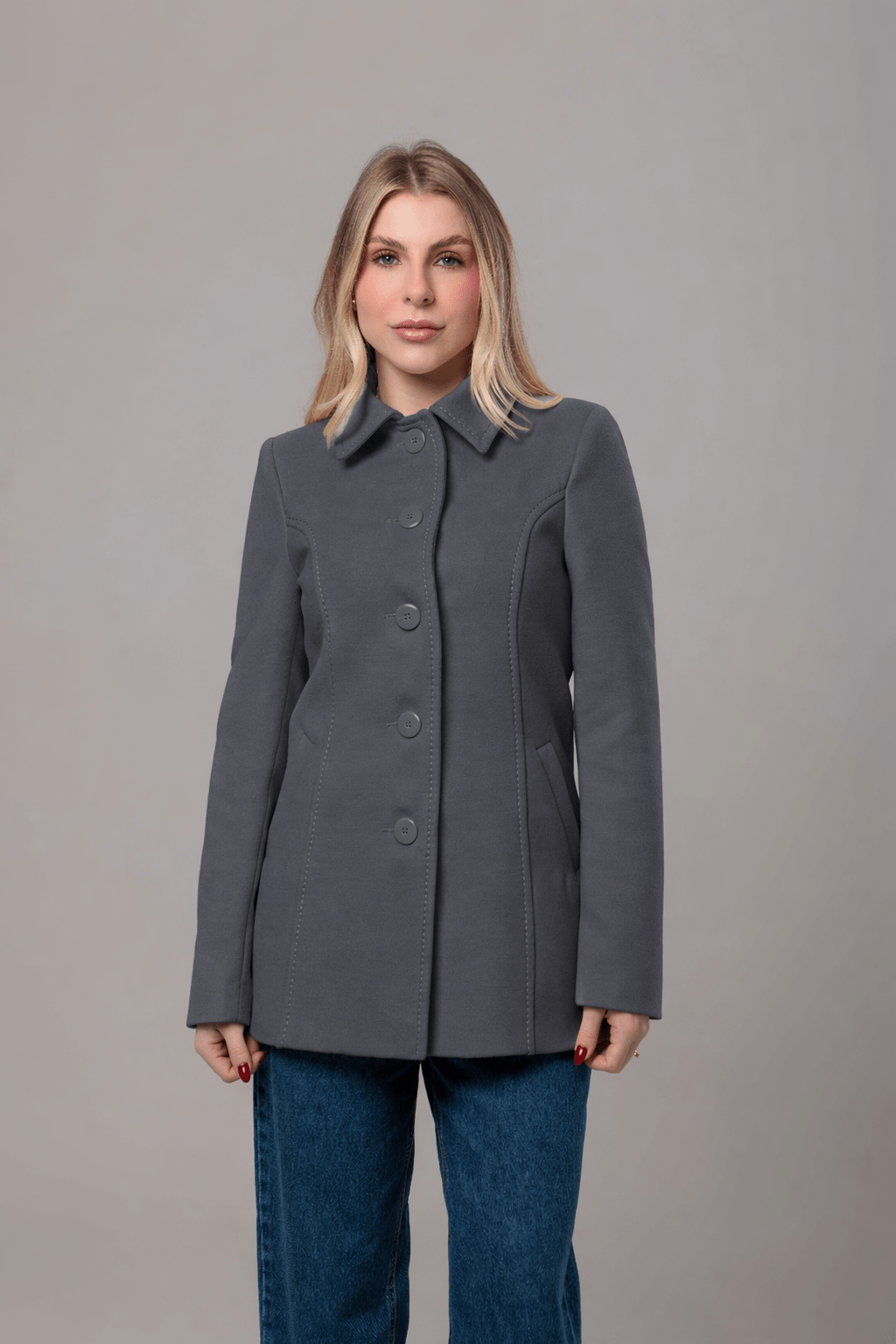 Casaco de lã acinturado detalhe de pesponto Cinza
