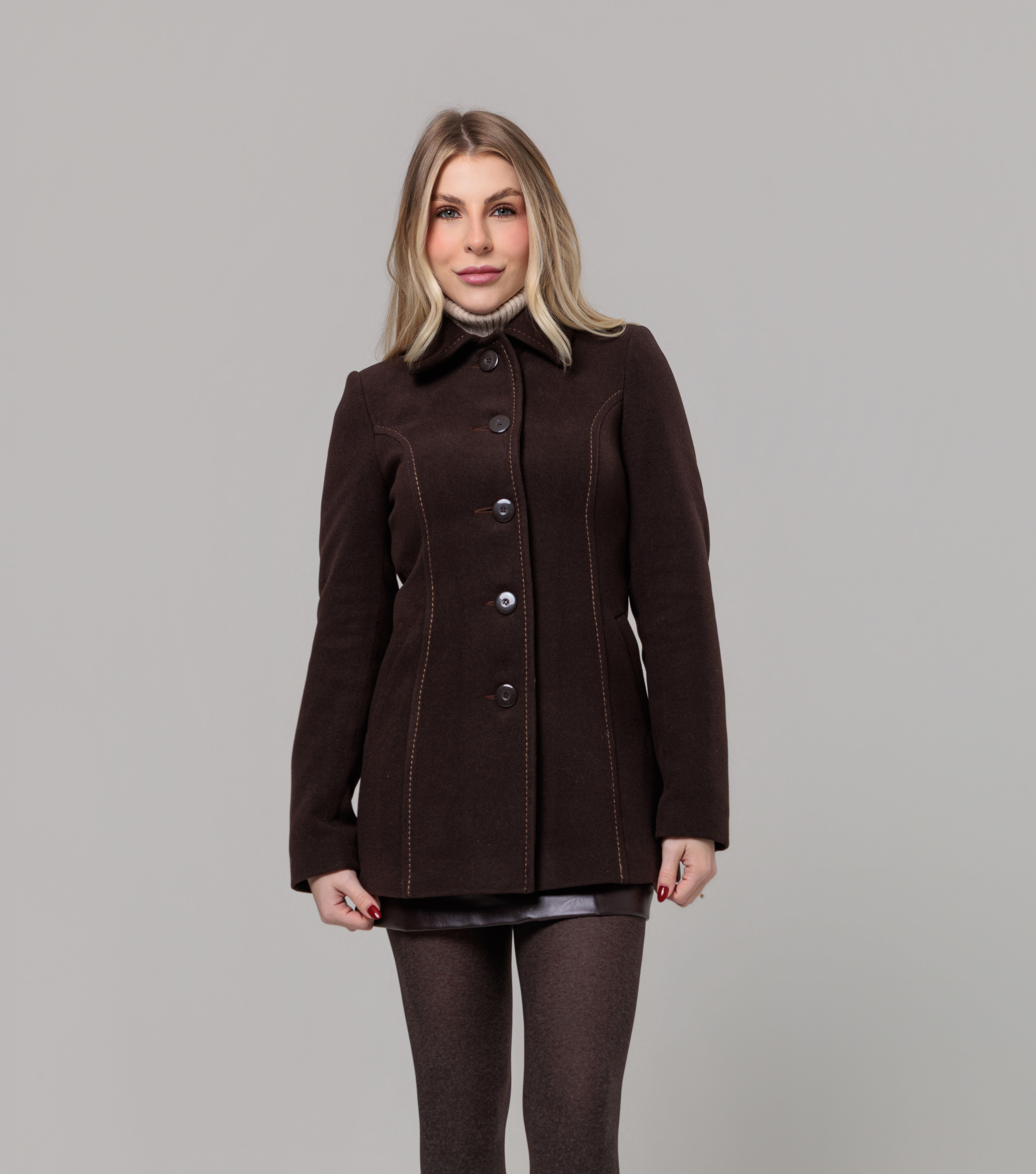 Casaco acinturado detalhe de pesponto Marrom