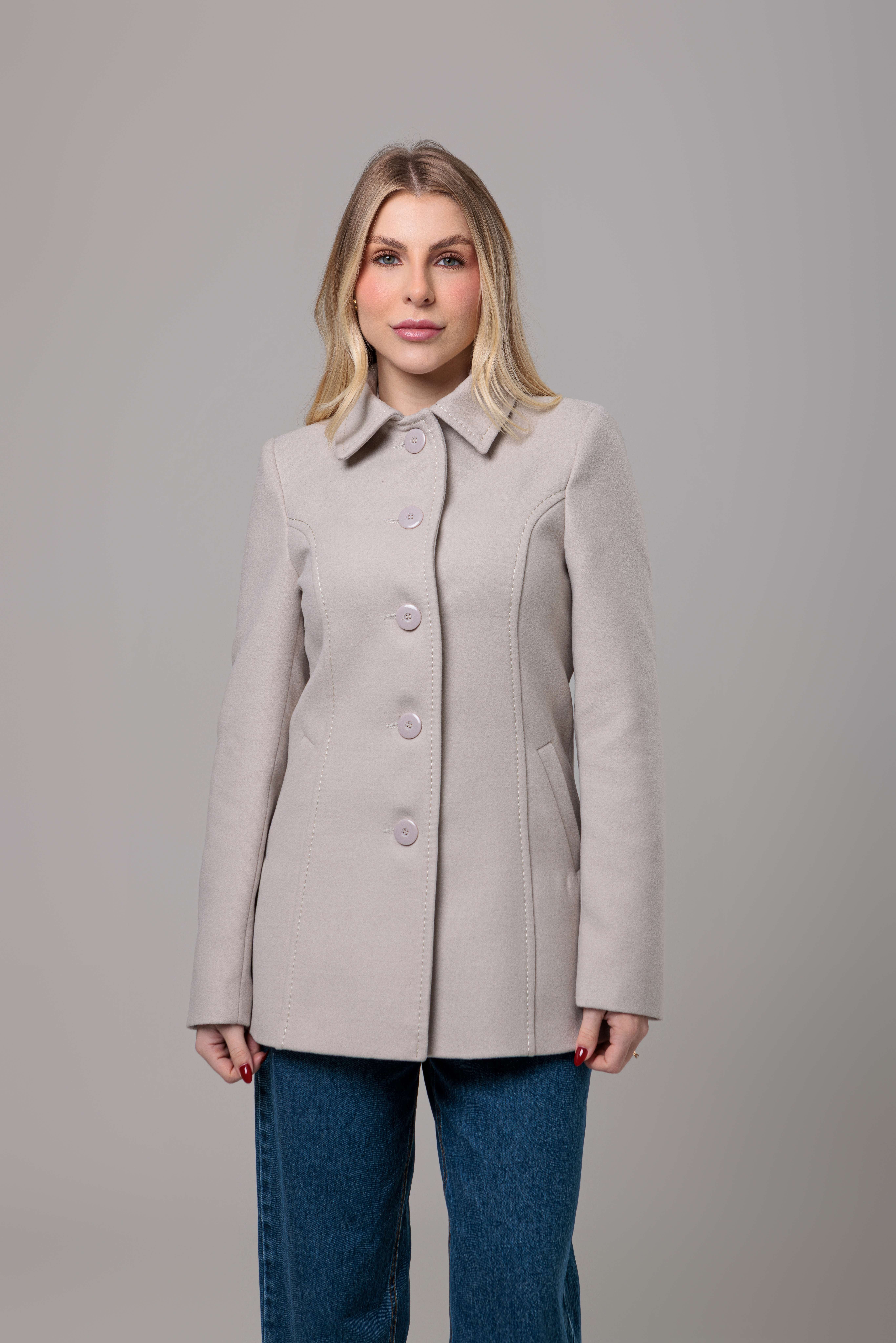 Casaco de lã acinturado detalhe de pesponto Areia