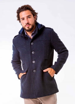 Casaco masculino de lã com capuz Azul marinho