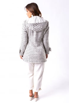 Casaco de lã xadrez com capuz removível branco e preto
