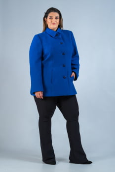 Casaco de lã acinturado detalhe de pesponto Plus Size azul