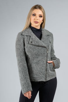 Jaqueta de lã fios longos com zíper cinza