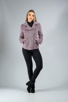 Jaqueta de lã fios longos com zíper roxo