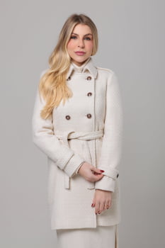 Casaco feminino de inverno off-white lã trançada
