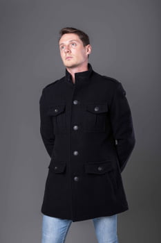 Casaco masculino de lã estilo militar preto